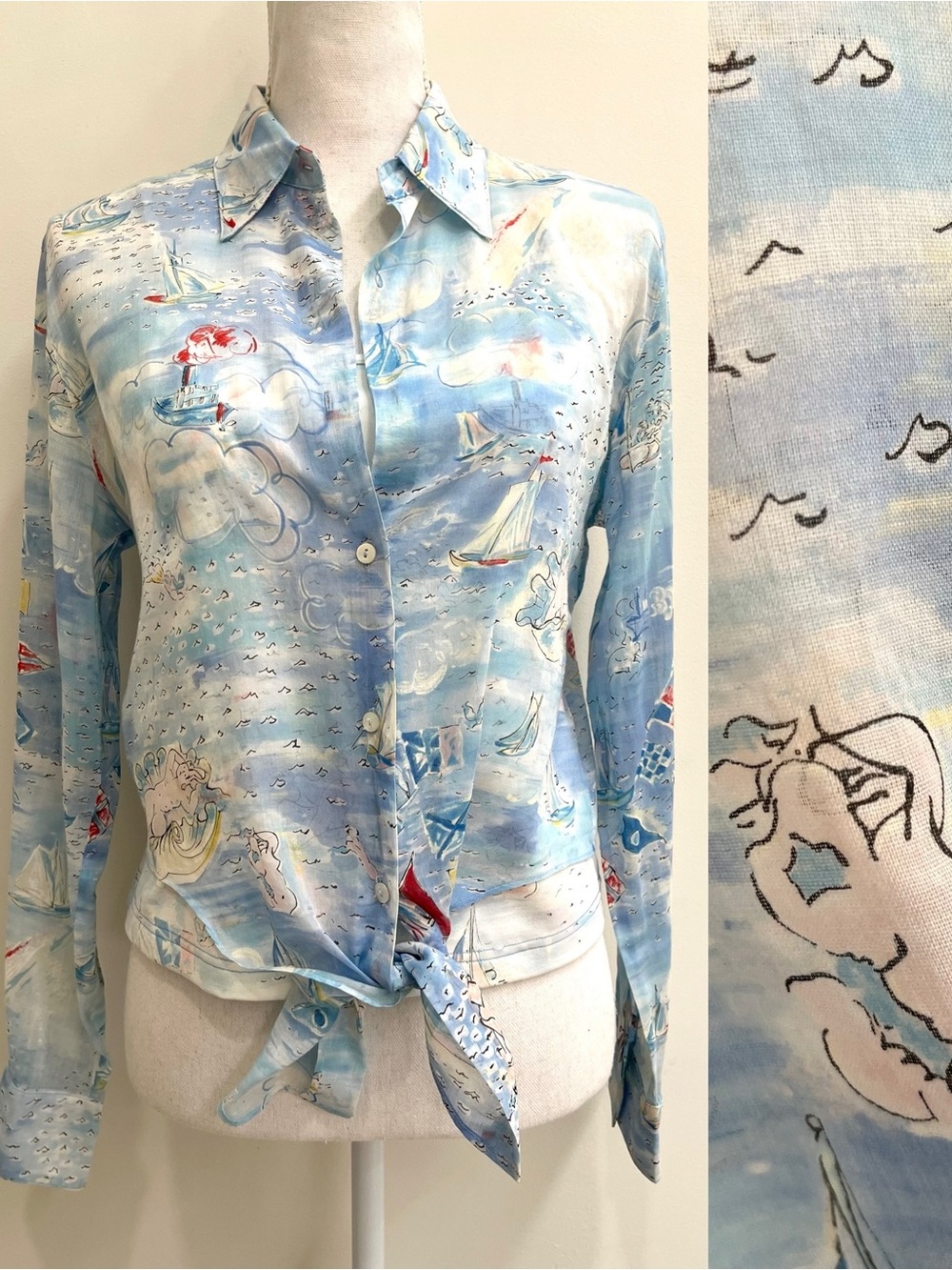 Vintage Leggiadro button up shirt tank regatta sailboat mermaid ladies clouds